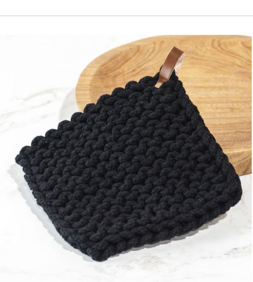Leather Strap Knit Potholder Black