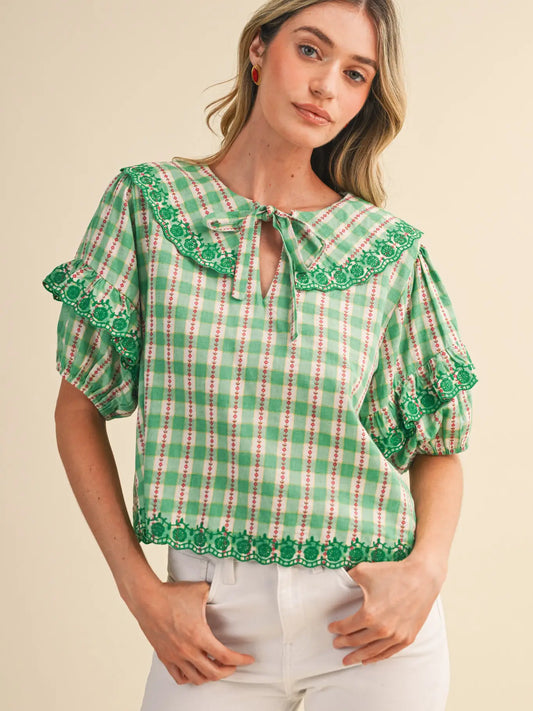 Floral Gingham Embroidered Top-Green