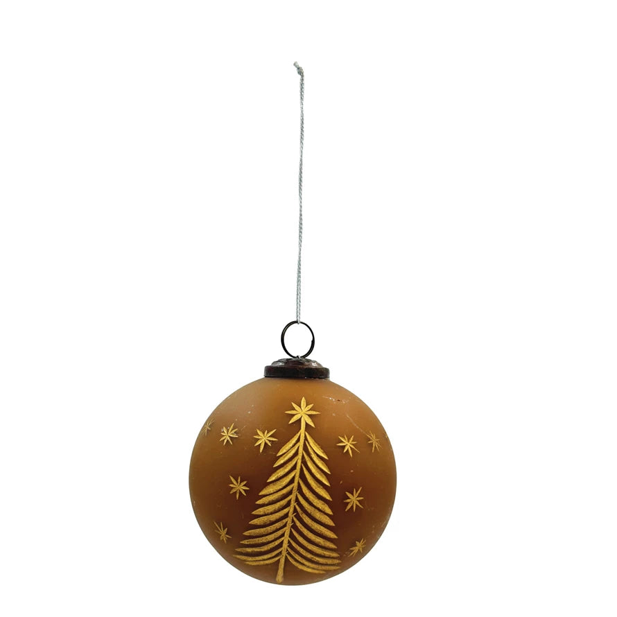 Hand Painted Amber Ornament with Etched Trees and Stars