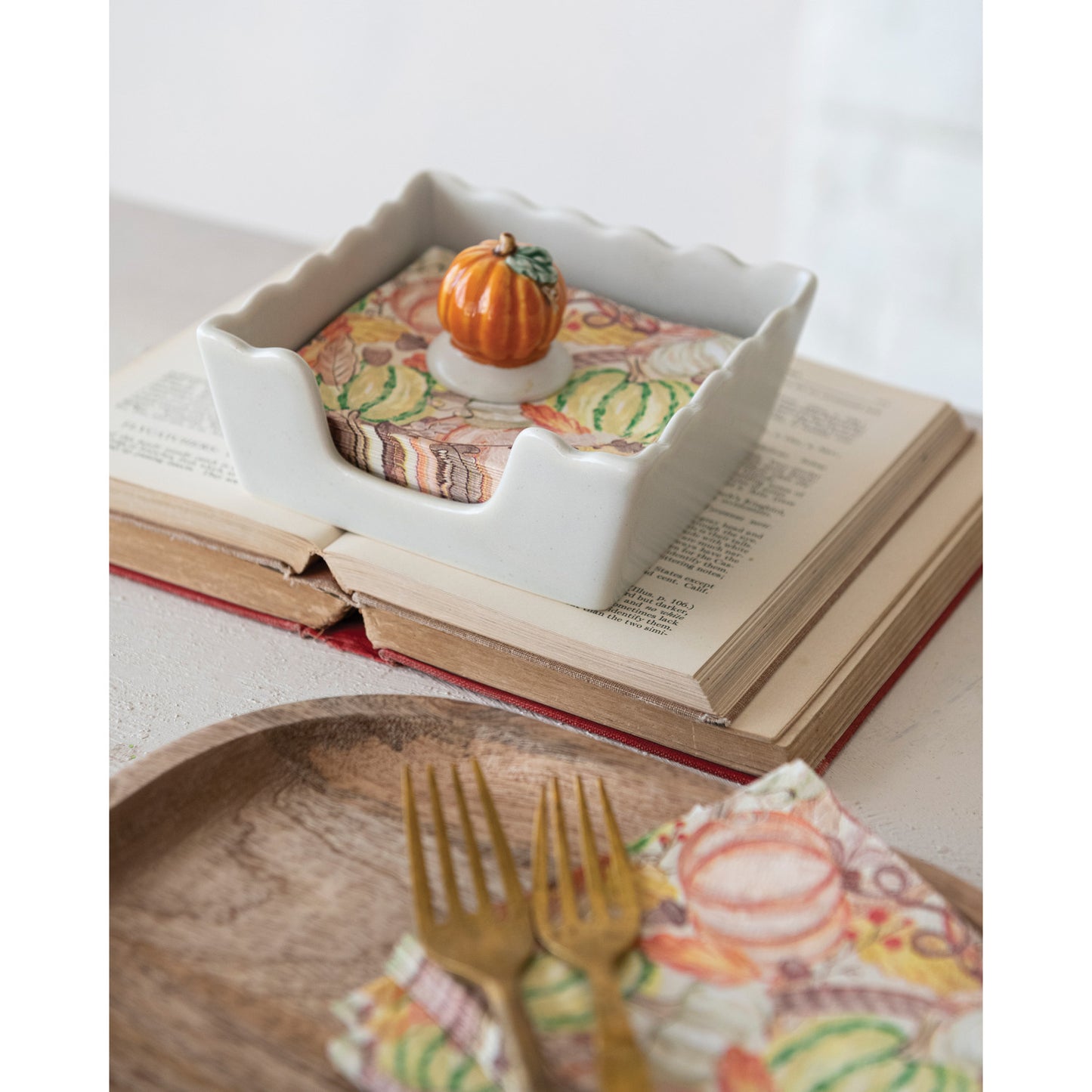 Scalloped Napkin Holder with Pumpkin Weight