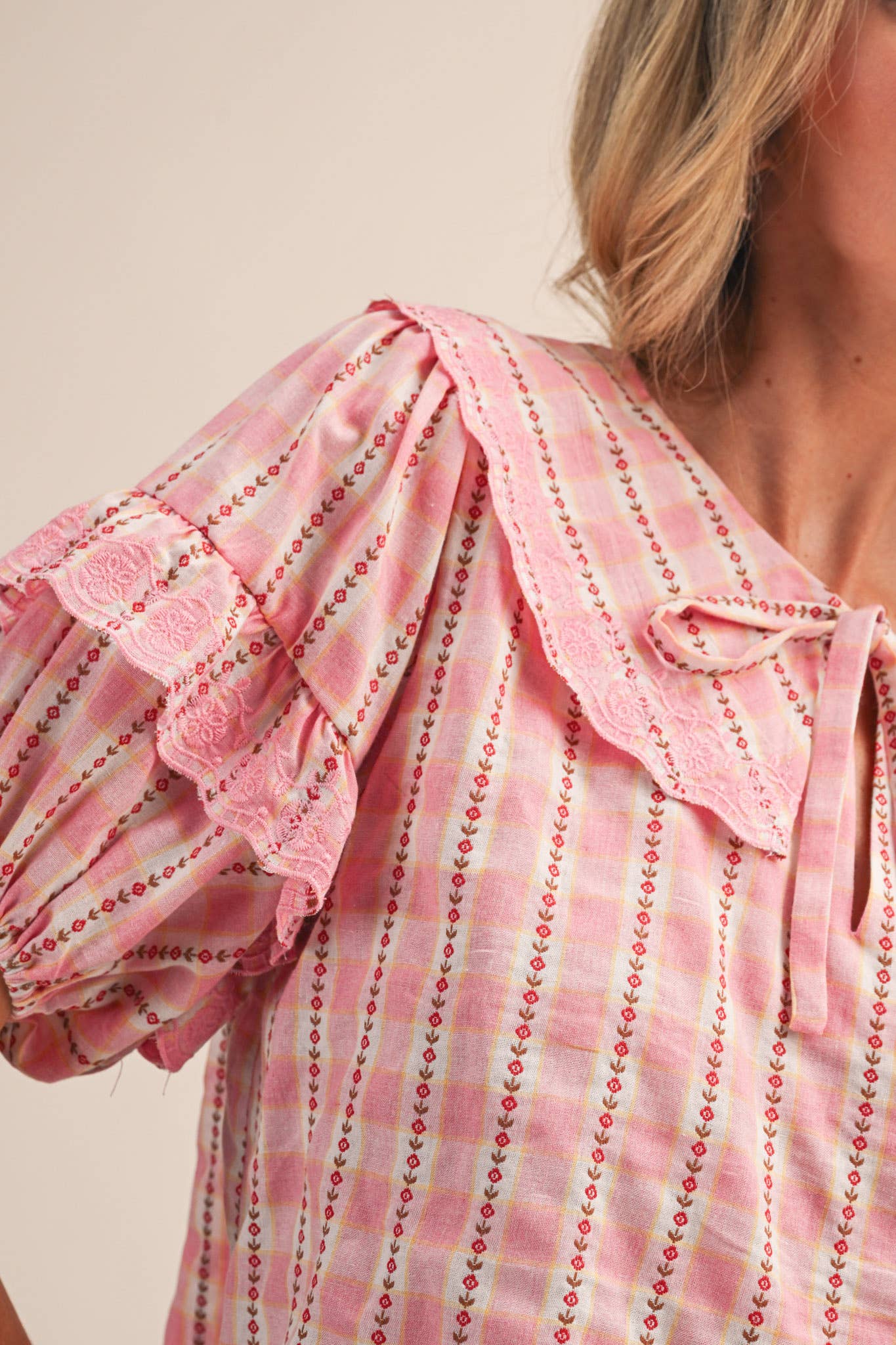 Floral Gingham Embroidered Top-Pink Gingham