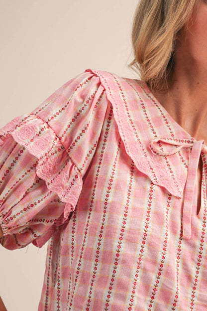 Floral Gingham Embroidered Top-Pink Gingham
