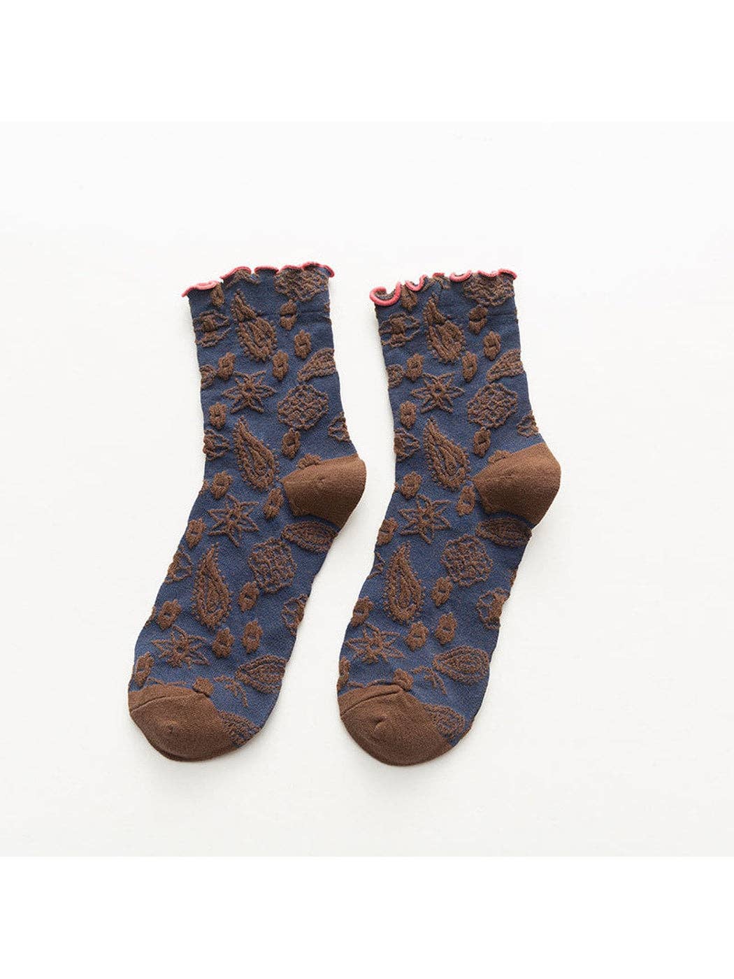 Scalloped Trim Floral Pattern Crew Socks-Blue