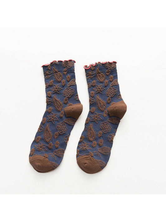 Scalloped Trim Floral Pattern Crew Socks-Blue