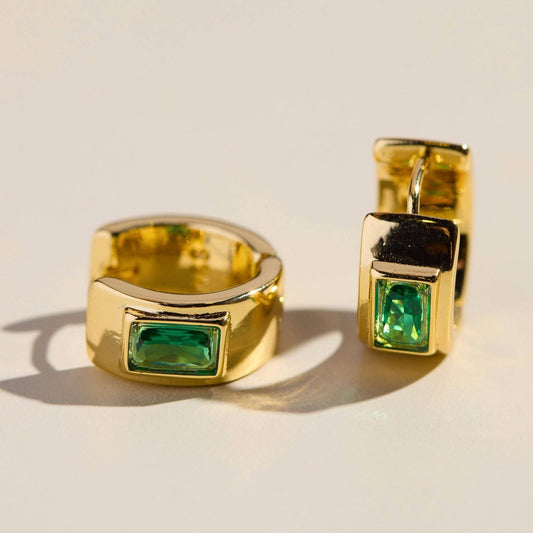 Green Baguette Bezel Huggies in Gold: Gold