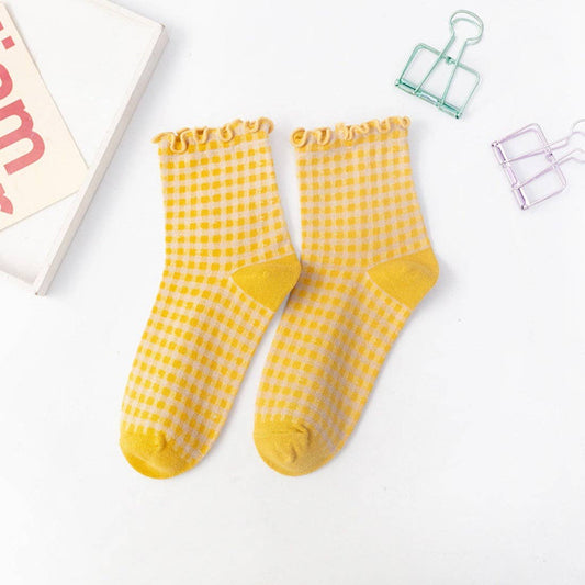 Rufia - Colorful Check Pattern Lace Socks: Yellow / One Size