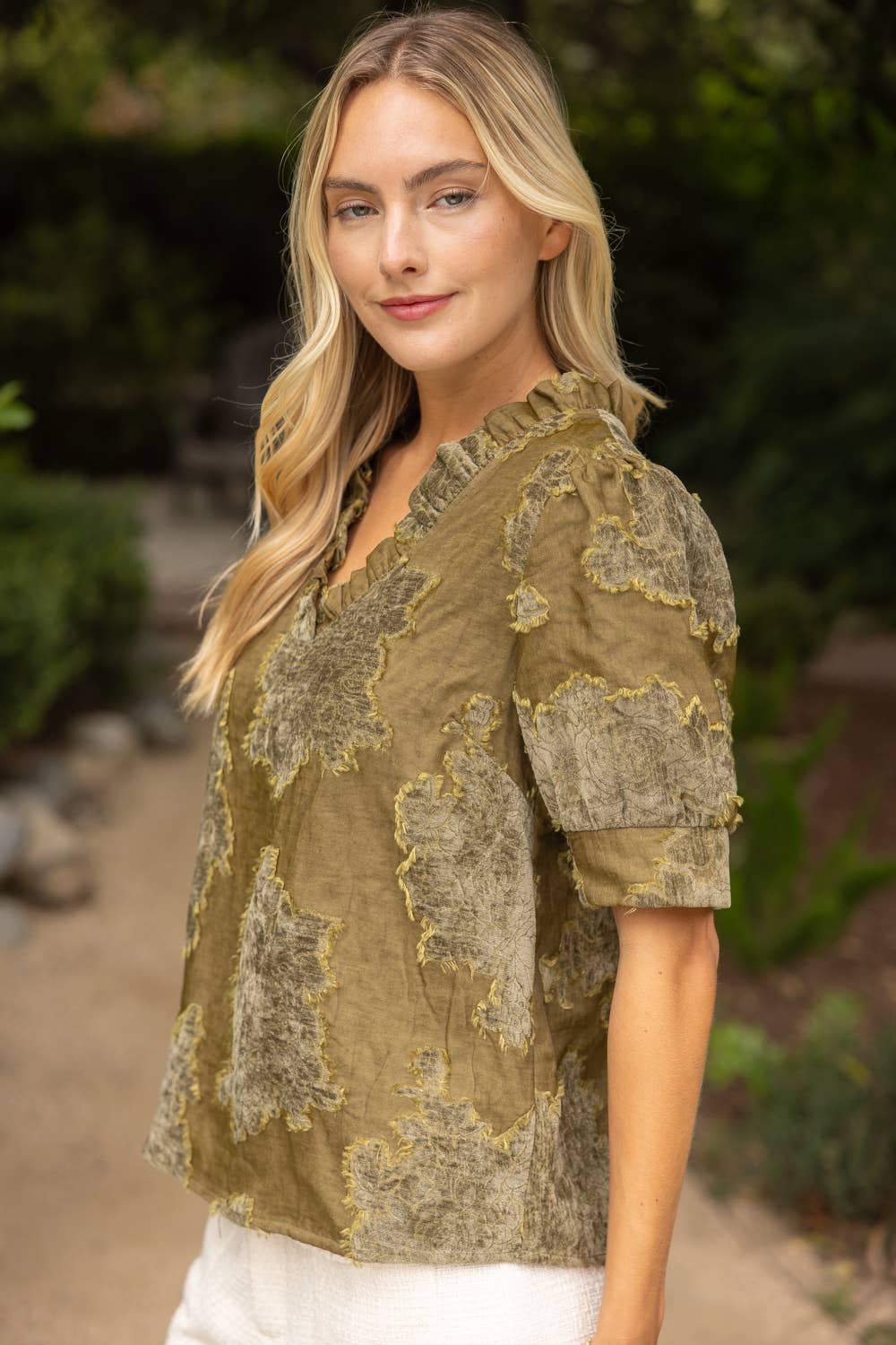 Ruffled V-Neck Textured Burnout Velvet Top