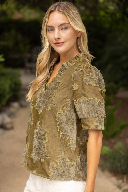 Ruffled V-Neck Textured Burnout Velvet Top