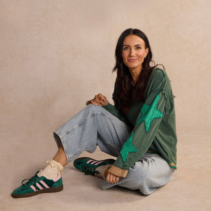 Green Baguette Bezel Huggies in Gold: Gold