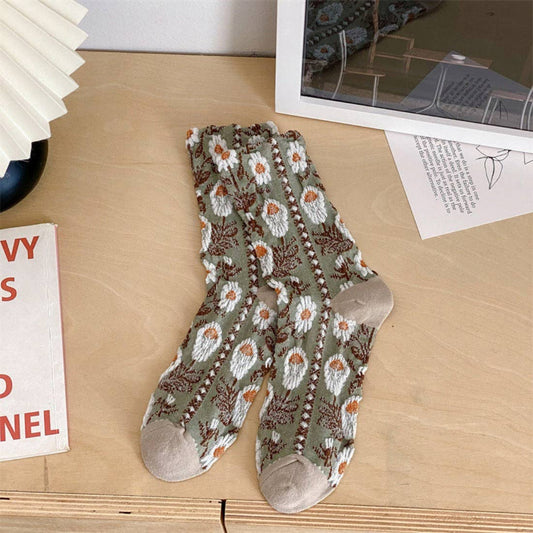 Vintage Embossed Floral Socks: Green