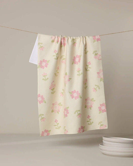 Cross Stitch Floral Yellow Tea Towel