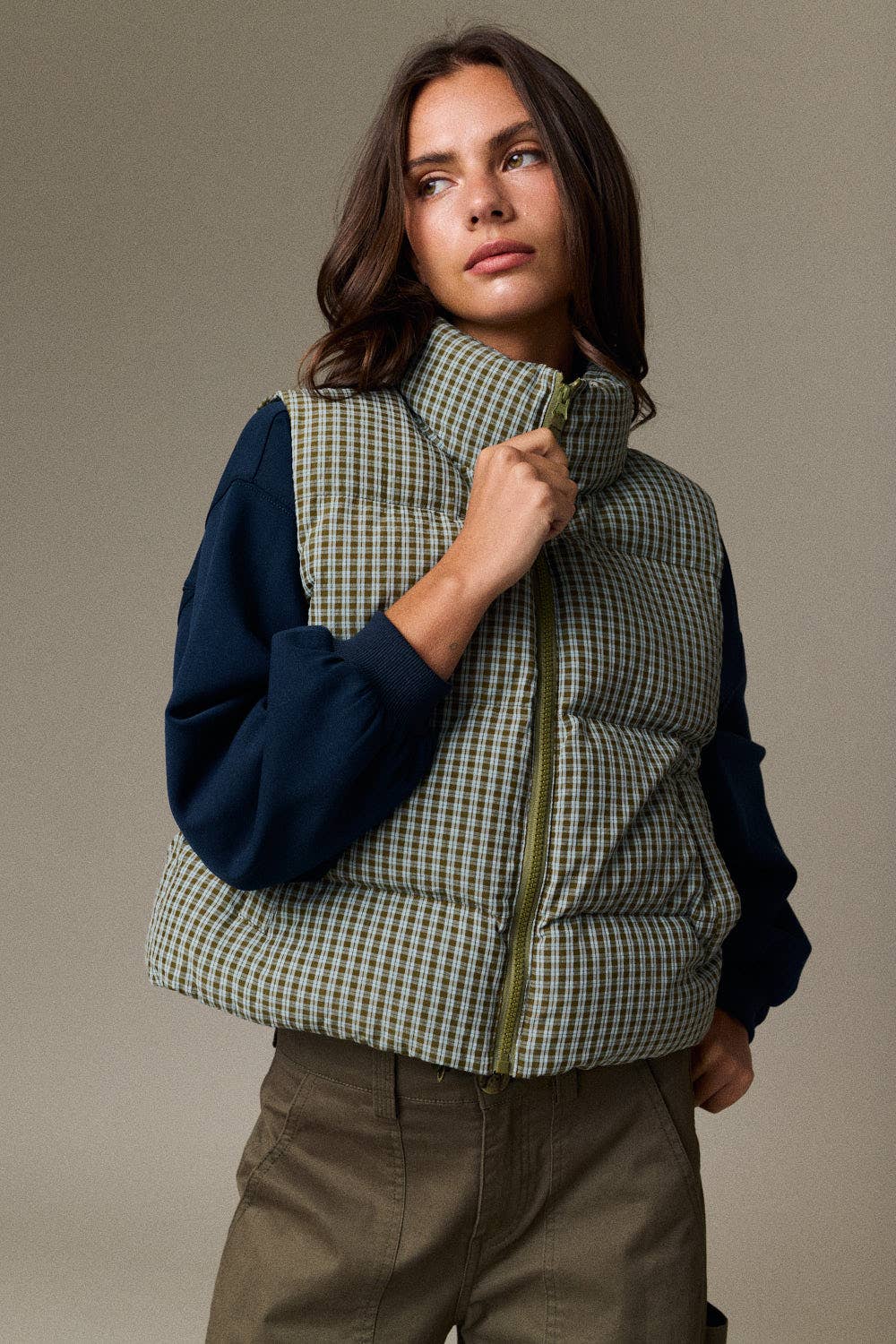 Olive Check Puffer Vest