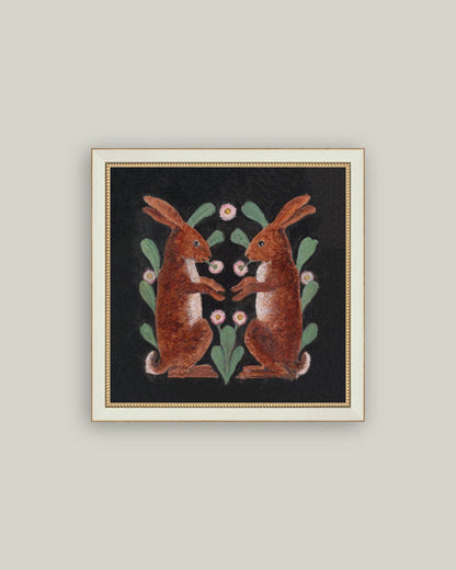 Two Hares Framed Antique Art: 5x5