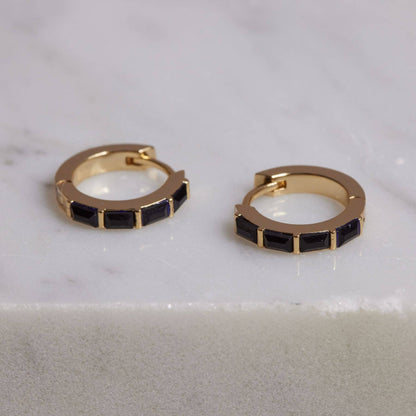 Black Crystal Baguette Huggies: Gold