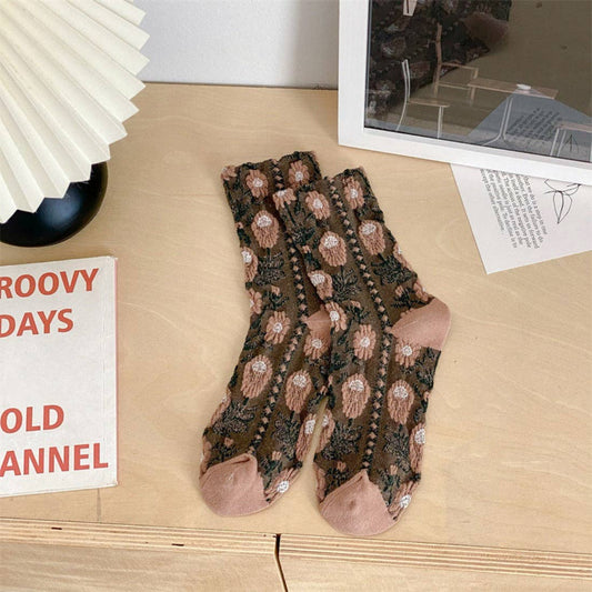 Vintage Embossed Floral Socks: Brown
