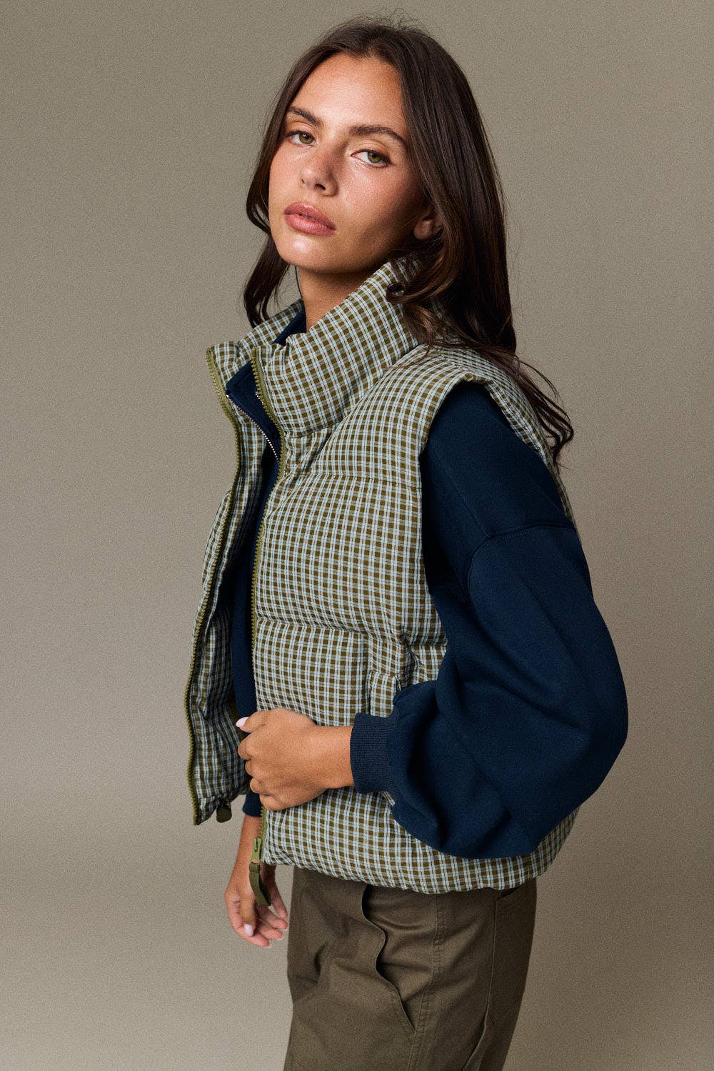 Olive Check Puffer Vest
