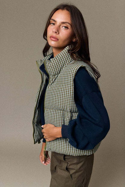 Olive Check Puffer Vest