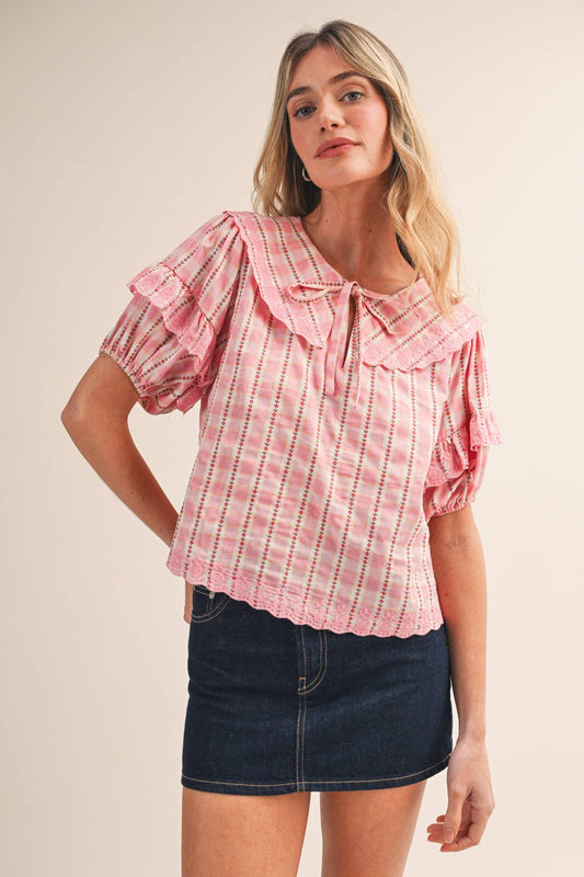 Floral Gingham Embroidered Top-Pink Gingham