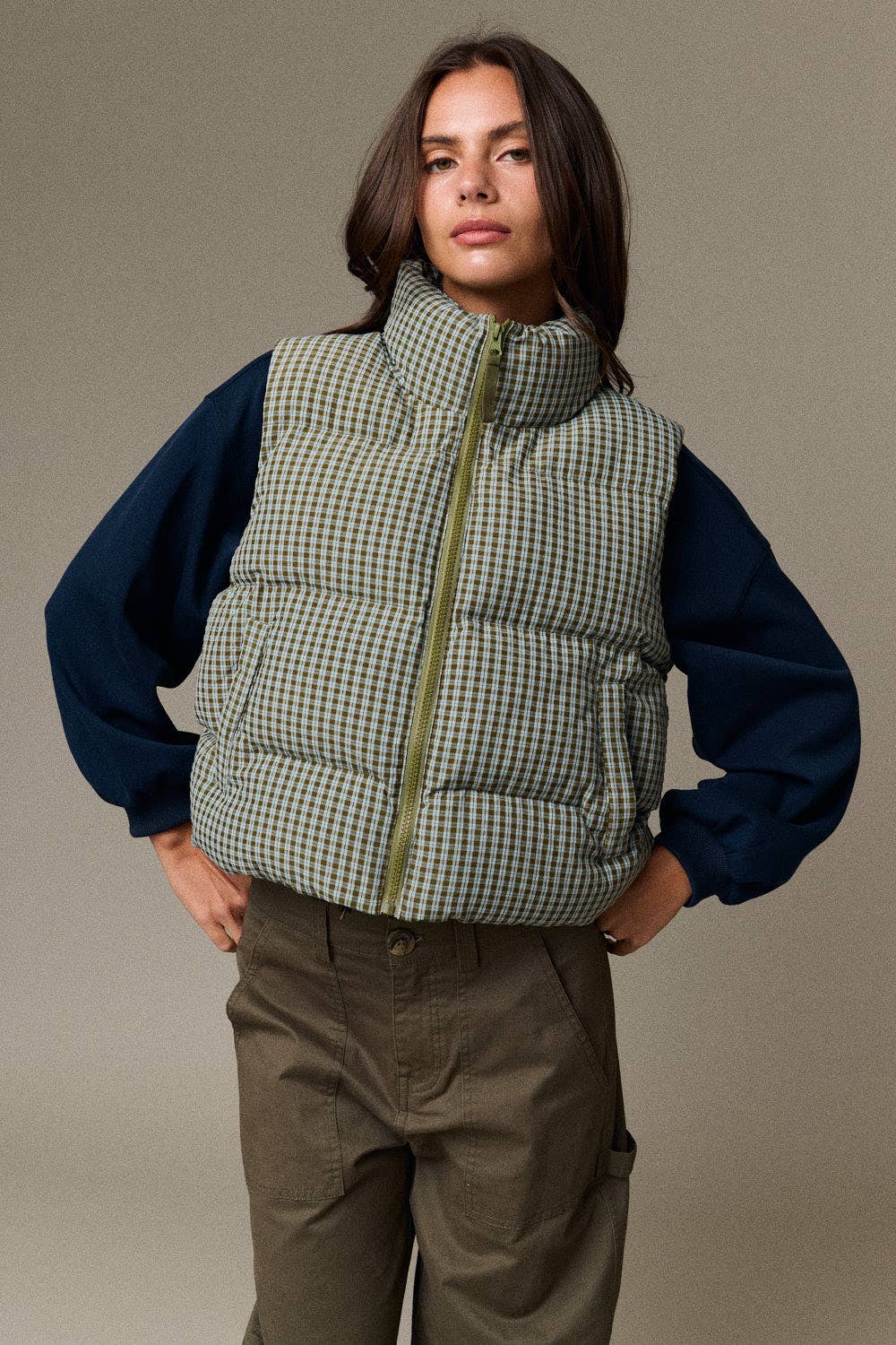 Olive Check Puffer Vest