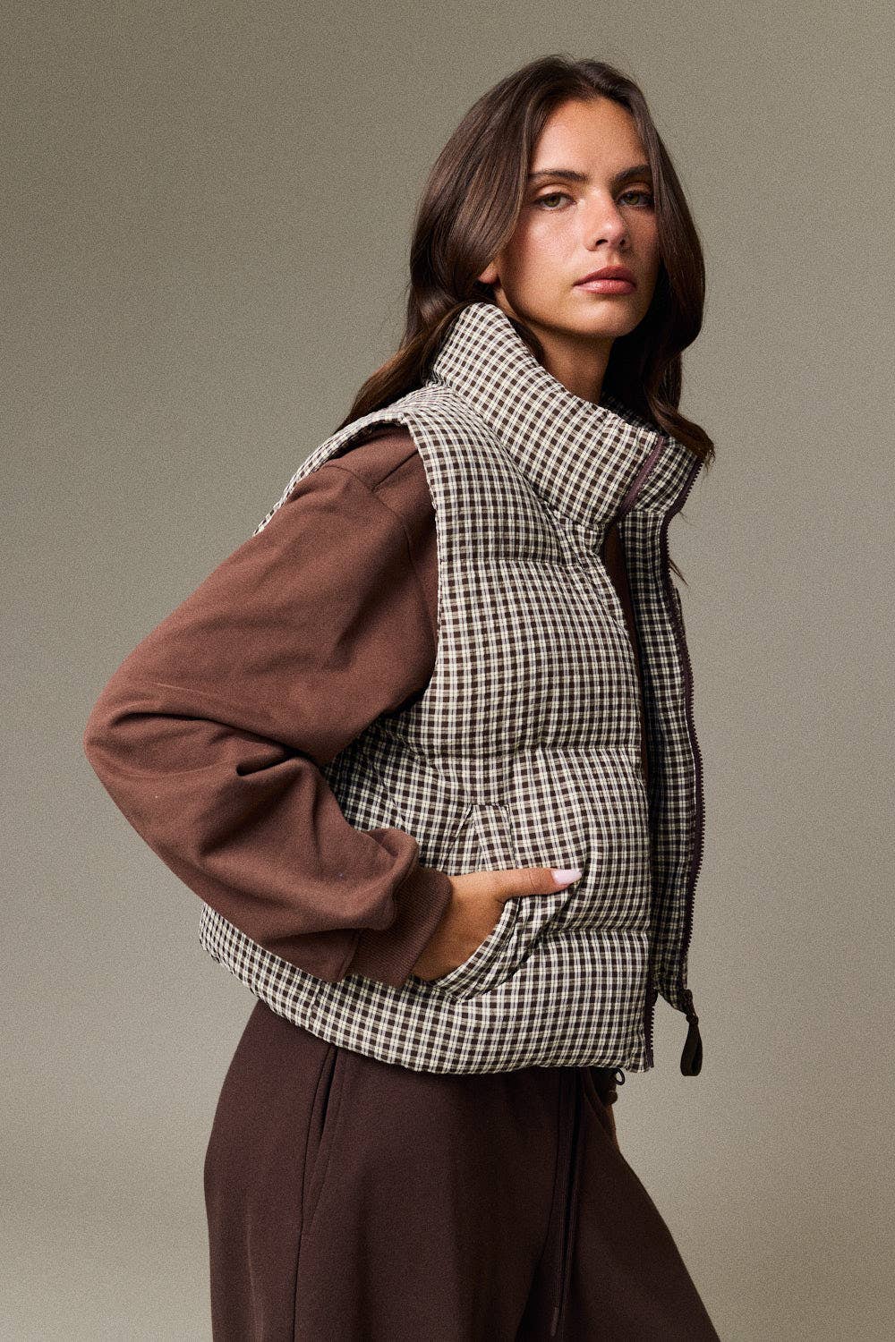 Olive Check Puffer Vest