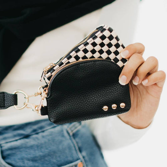 Wonderlust Woven Dual Pouch Wristlet : Black Checkered