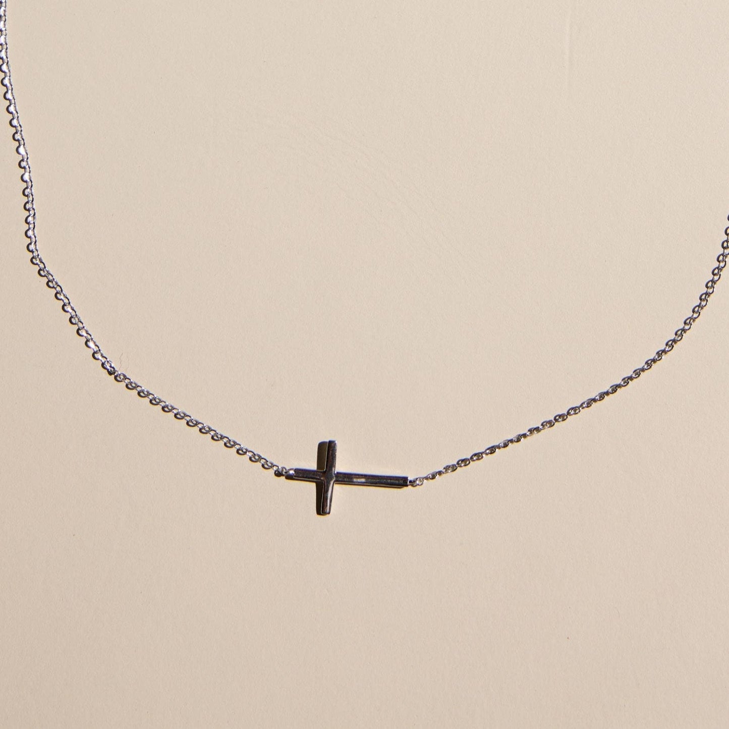 Silver Sideways Cross Necklace: Silver