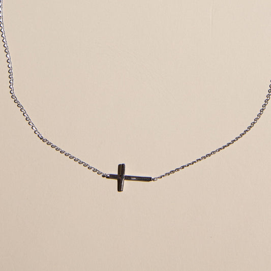 Silver Sideways Cross Necklace: Silver