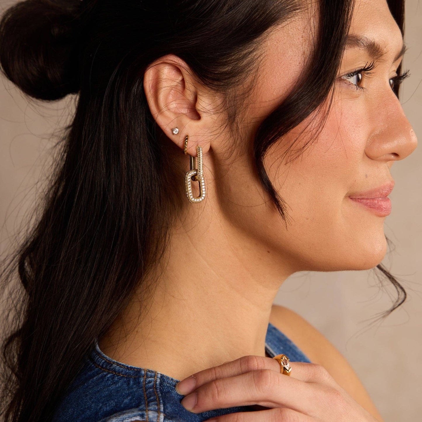 Gold Pavé Double Link Hoops: Gold