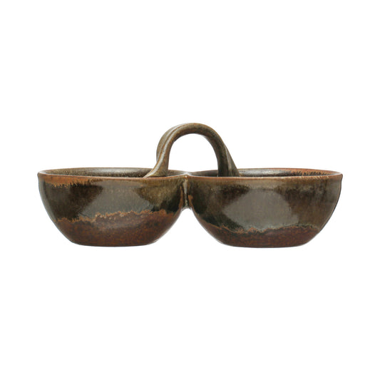 Stoneware Dish with 2 Sections & Handle